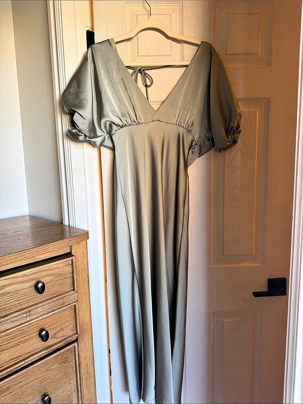 Petal & Pup Sullivan Puff Sleeve Maxi Dress sage green Satin Maxi Dress